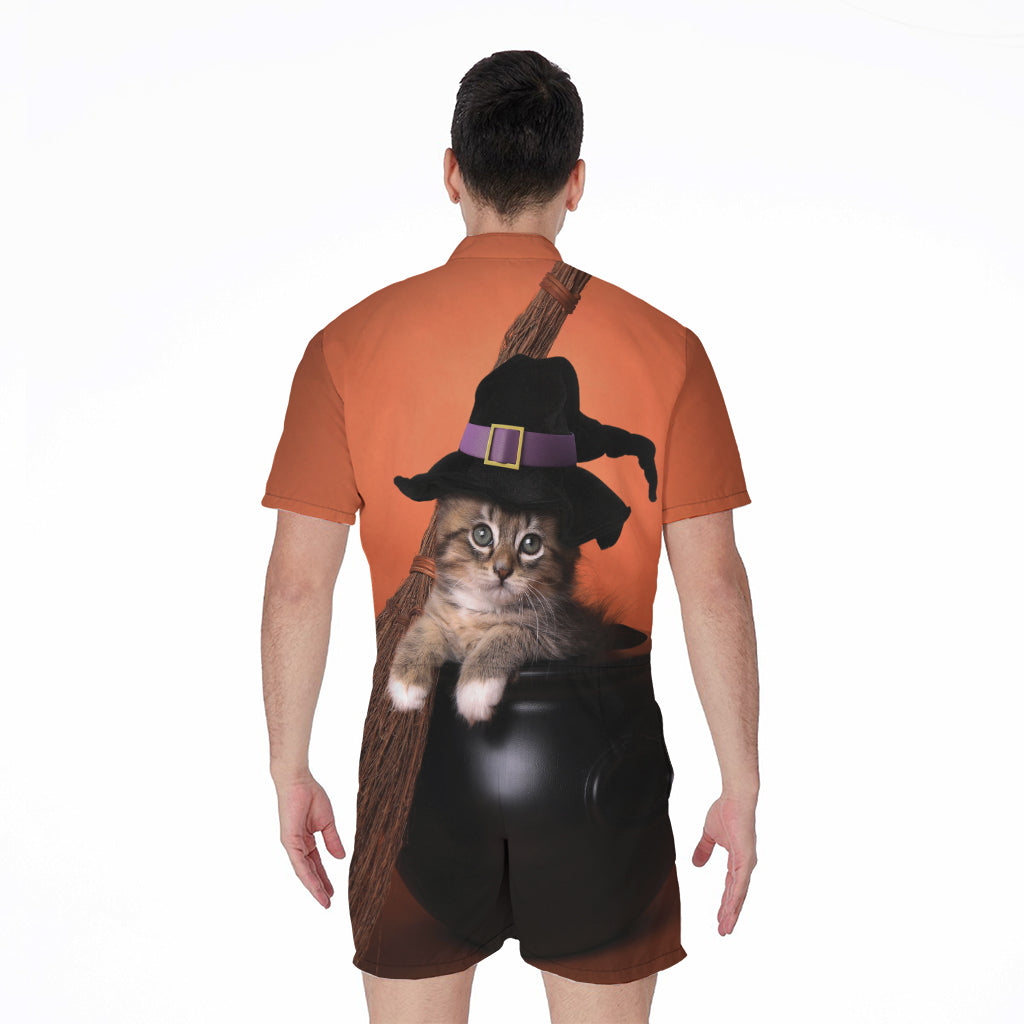 Halloween Cute Witch Cat Print Men's Rompers