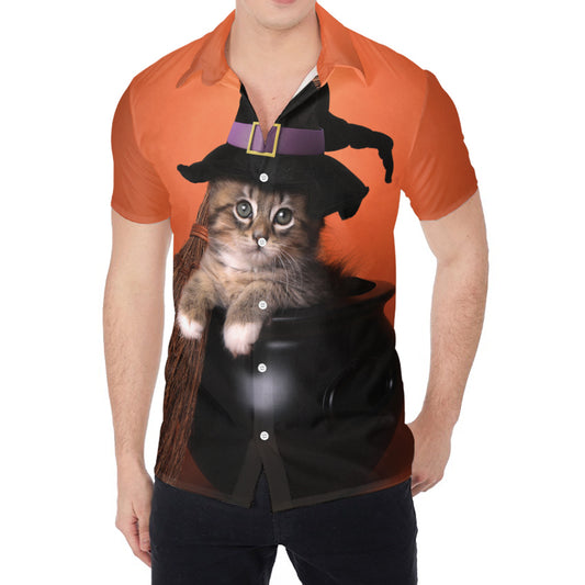 Halloween Cute Witch Cat Print Men's Shirt