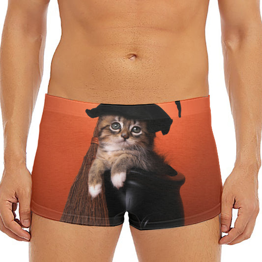 Halloween Cute Witch Cat Print Men's Short Boxer Briefs