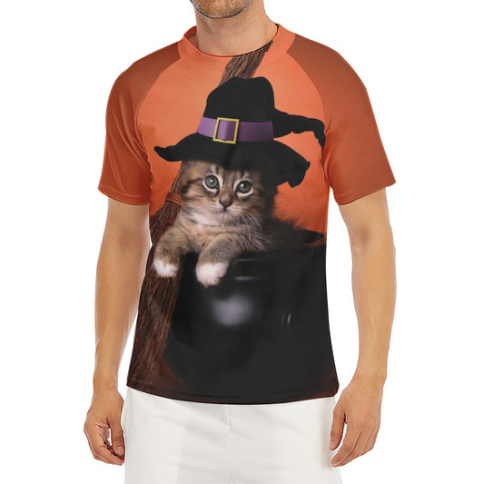 Halloween Cute Witch Cat Print Men's Short Sleeve Rash Guard