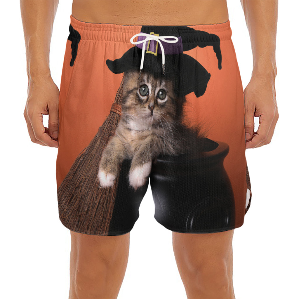 Halloween Cute Witch Cat Print Men's Split Running Shorts