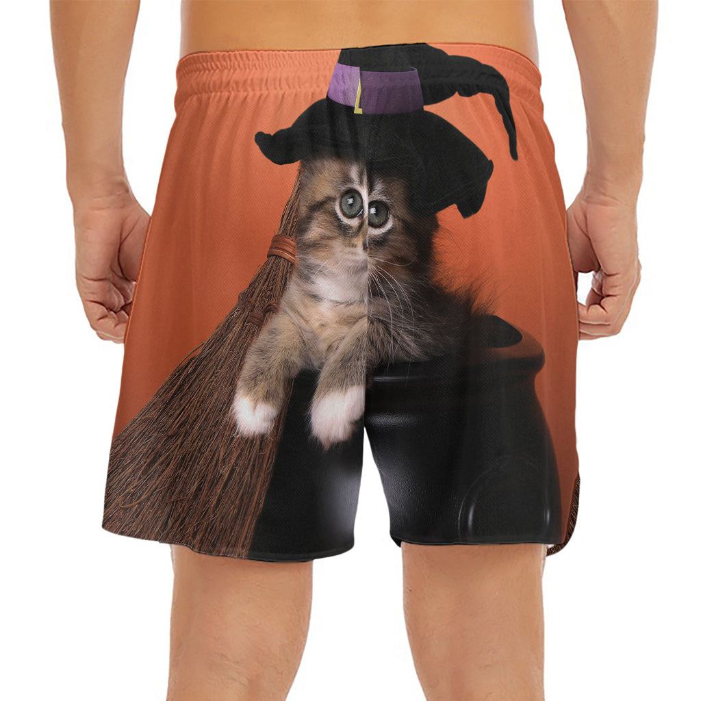 Halloween Cute Witch Cat Print Men's Split Running Shorts
