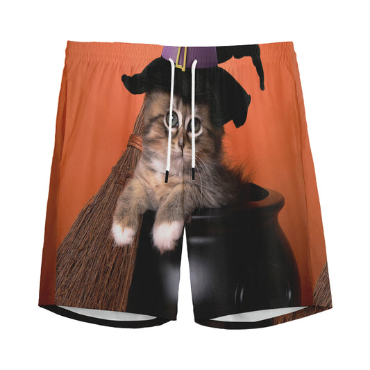 Halloween Cute Witch Cat Print Men's Sports Shorts