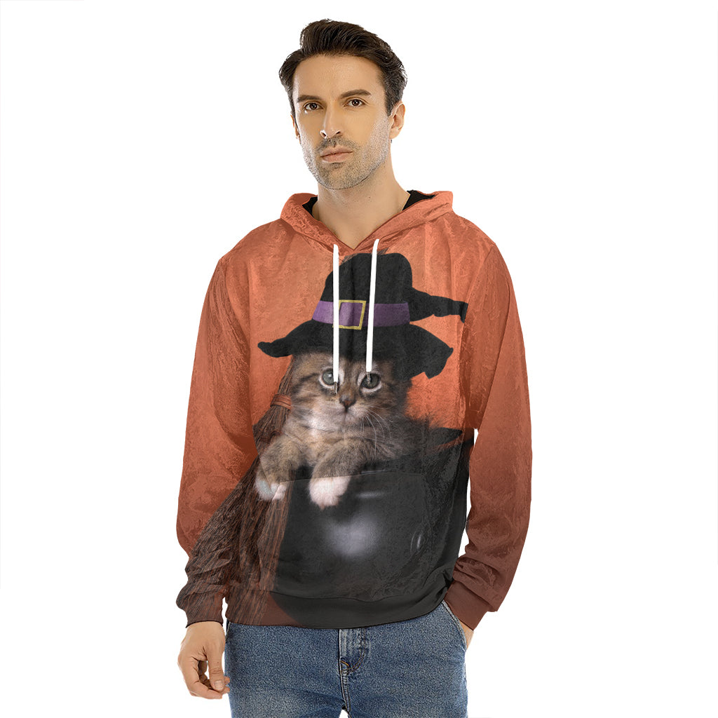 Halloween Cute Witch Cat Print Men's Velvet Pullover Hoodie