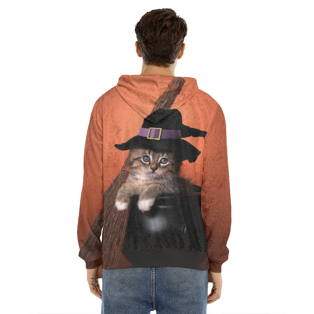 Halloween Cute Witch Cat Print Men's Velvet Pullover Hoodie