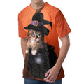 Halloween Cute Witch Cat Print Men's Velvet T-Shirt