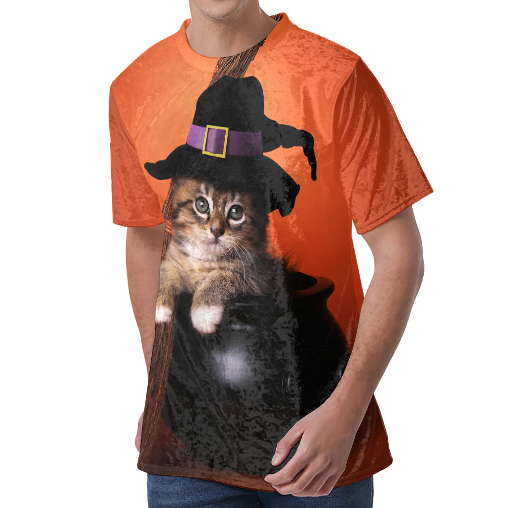 Halloween Cute Witch Cat Print Men's Velvet T-Shirt