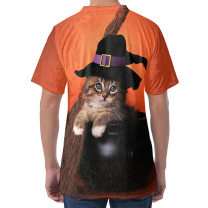 Halloween Cute Witch Cat Print Men's Velvet T-Shirt