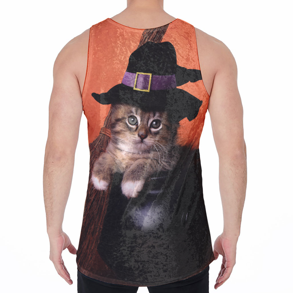Halloween Cute Witch Cat Print Men's Velvet Tank Top