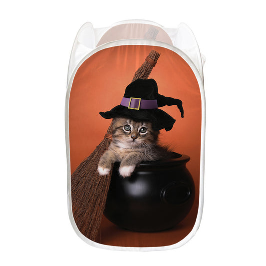Halloween Cute Witch Cat Print Mesh Laundry Hamper