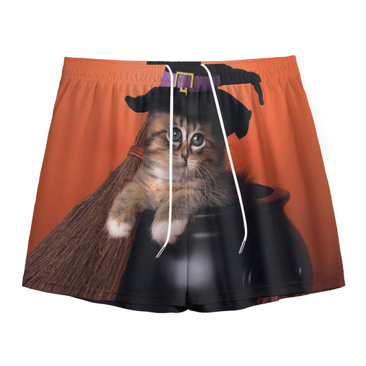 Halloween Cute Witch Cat Print Mesh Shorts