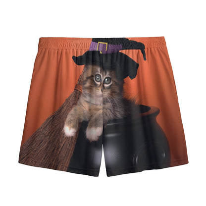 Halloween Cute Witch Cat Print Mesh Shorts
