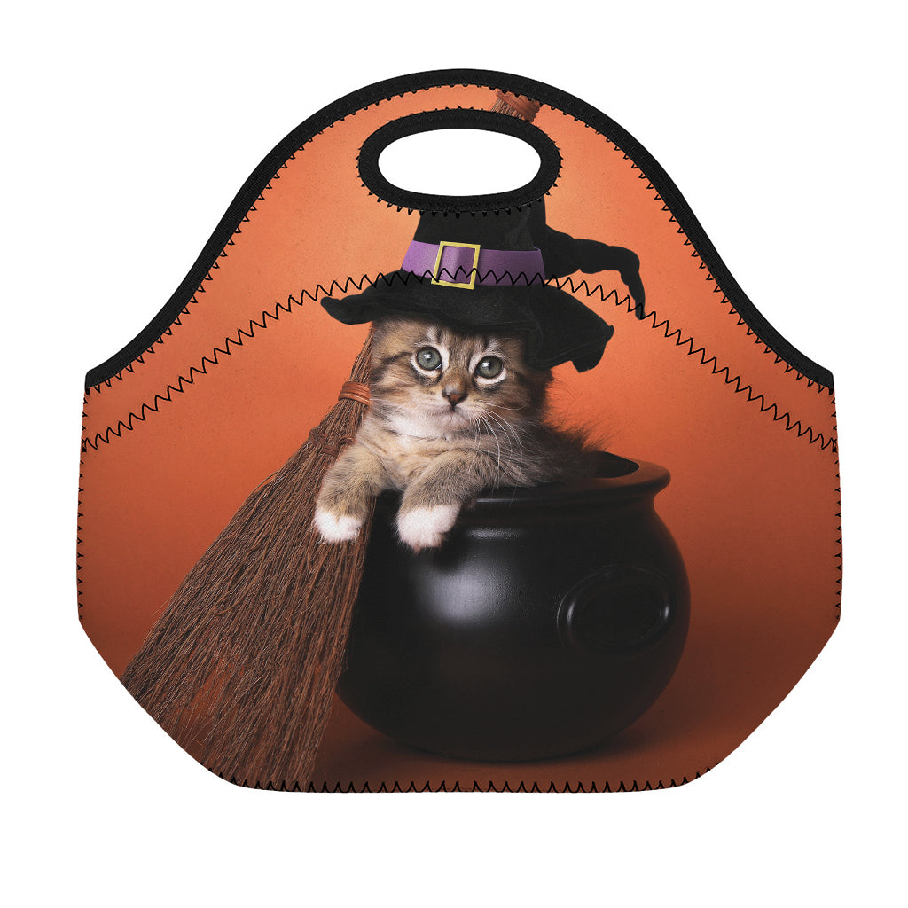 Halloween Cute Witch Cat Print Neoprene Lunch Bag