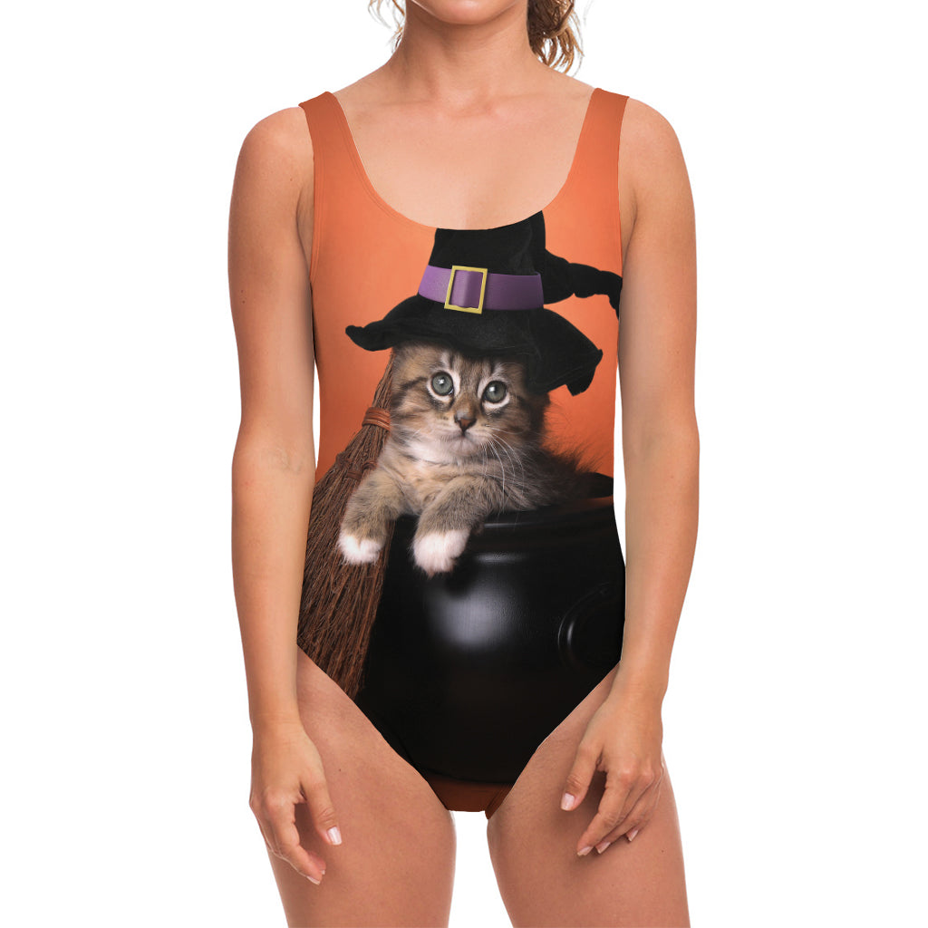 Halloween Cute Witch Cat Print One Piece Swimsuit