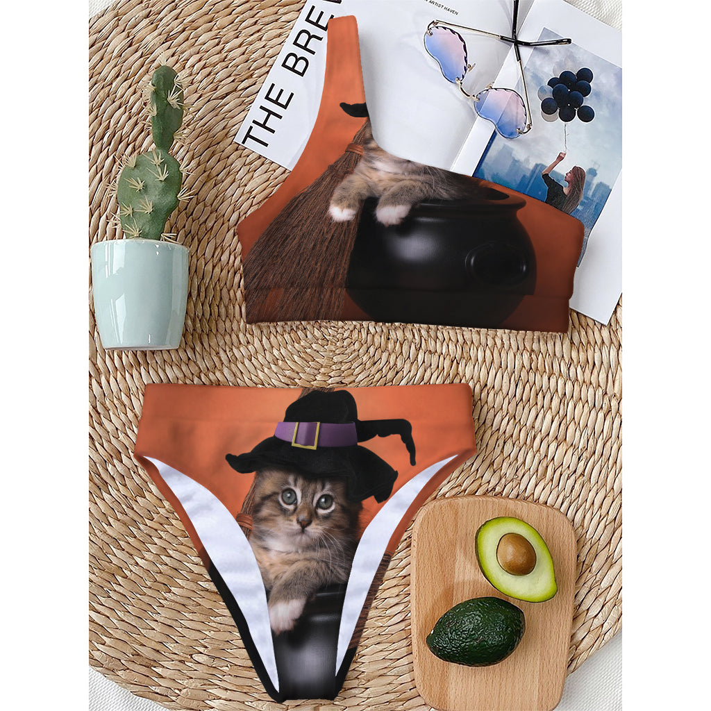 Halloween Cute Witch Cat Print One Shoulder Bikini Top