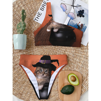 Halloween Cute Witch Cat Print One Shoulder Bikini Top