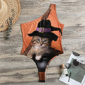 Halloween Cute Witch Cat Print One Shoulder Bodysuit