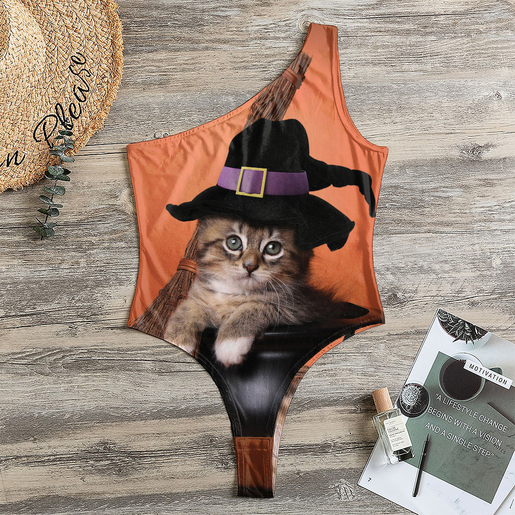 Halloween Cute Witch Cat Print One Shoulder Bodysuit