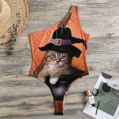 Halloween Cute Witch Cat Print One Shoulder Bodysuit