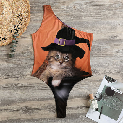 Halloween Cute Witch Cat Print One Shoulder Bodysuit