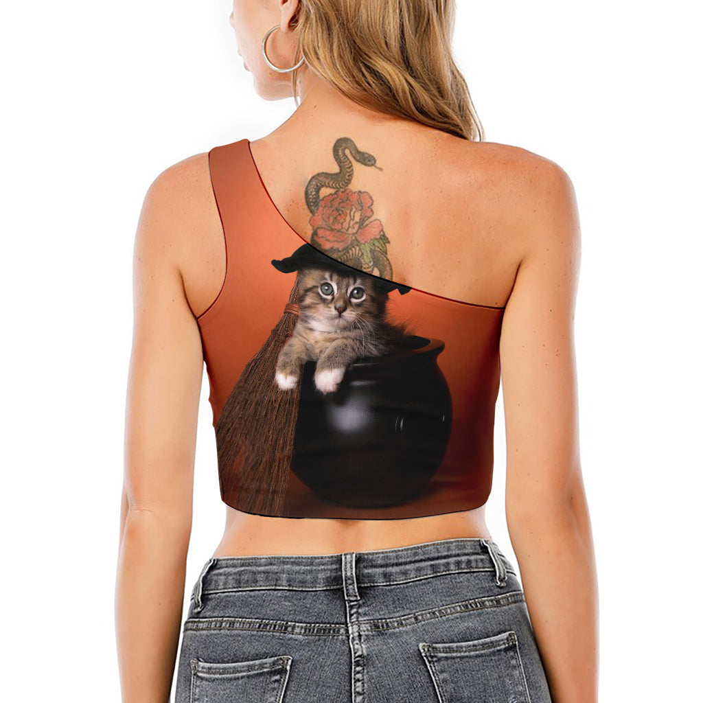 Halloween Cute Witch Cat Print One Shoulder Crop Top