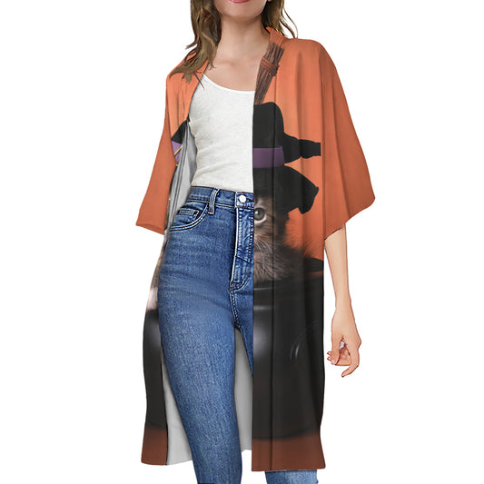 Halloween Cute Witch Cat Print Open Front Beach Cover Up