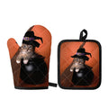 Halloween Cute Witch Cat Print Oven Mitt And Pot Holder Set