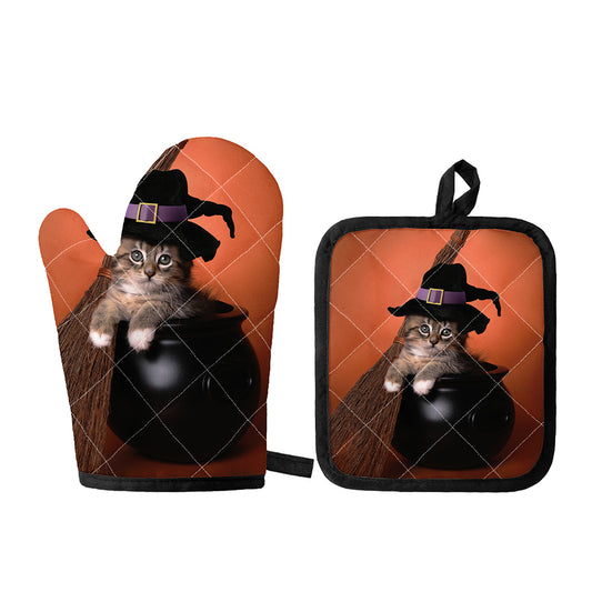 Halloween Cute Witch Cat Print Oven Mitt And Pot Holder Set