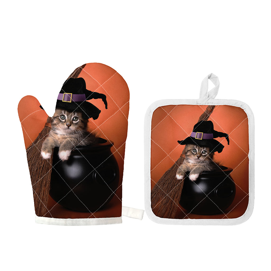 Halloween Cute Witch Cat Print Oven Mitt And Pot Holder Set