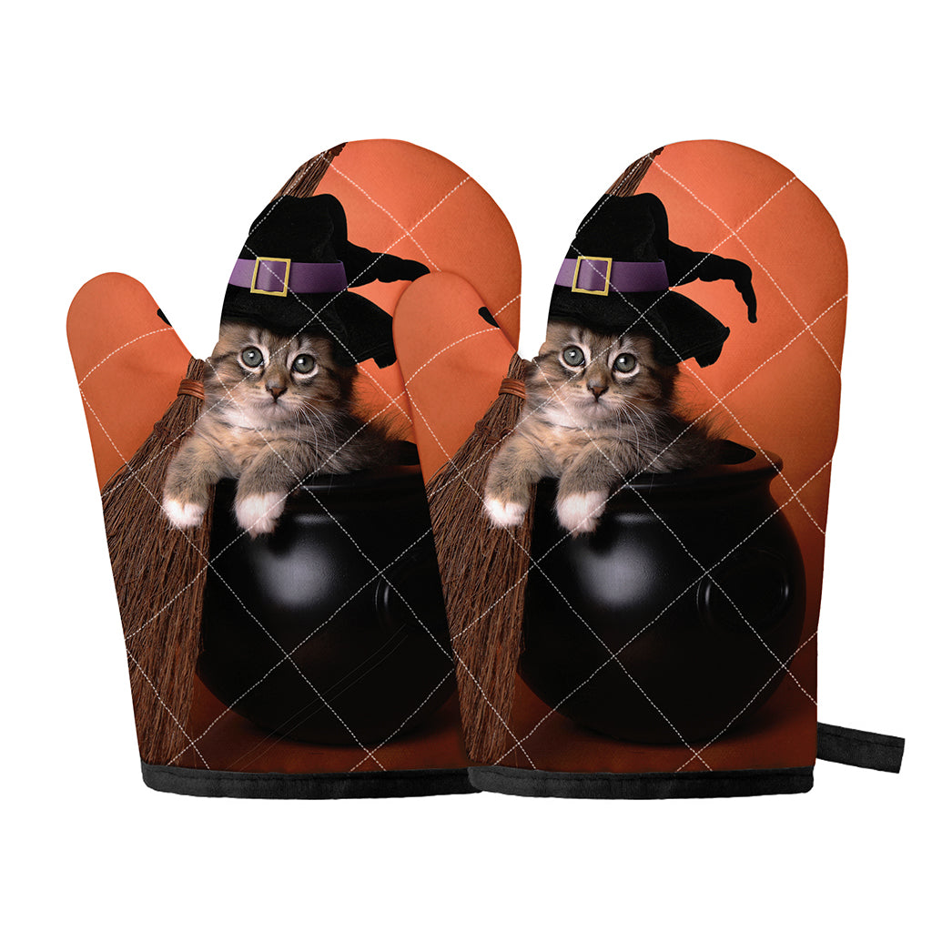 Halloween Cute Witch Cat Print Oven Mitts