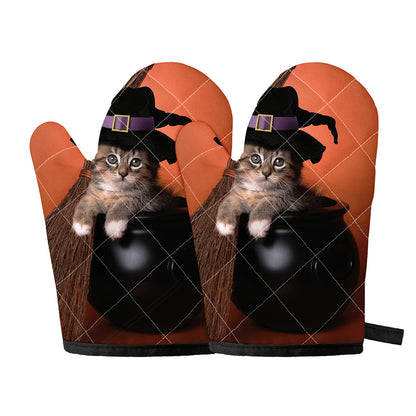 Halloween Cute Witch Cat Print Oven Mitts