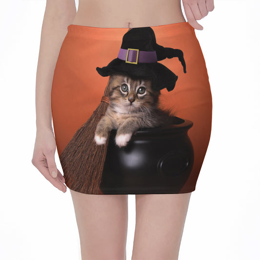 Halloween Cute Witch Cat Print Pencil Mini Skirt