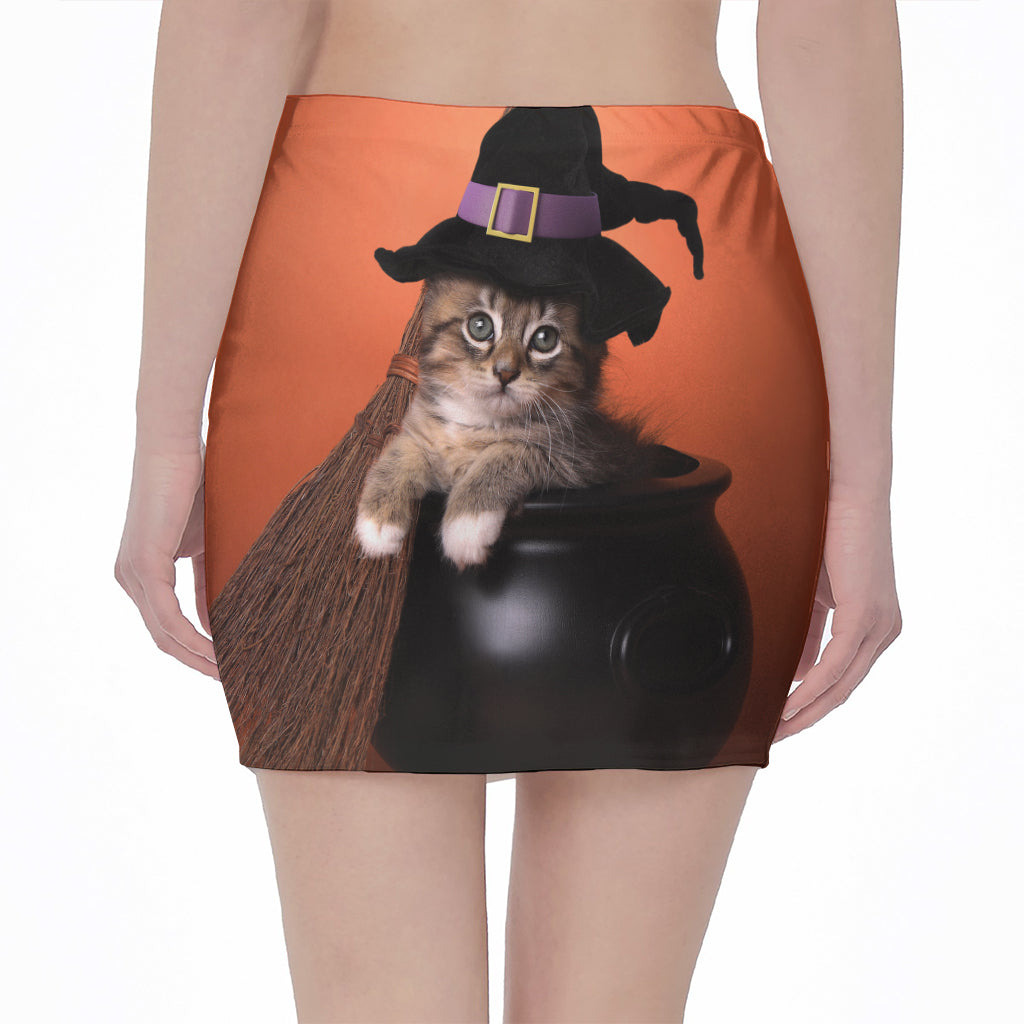 Halloween Cute Witch Cat Print Pencil Mini Skirt