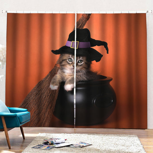 Halloween Cute Witch Cat Print Pencil Pleat Curtains