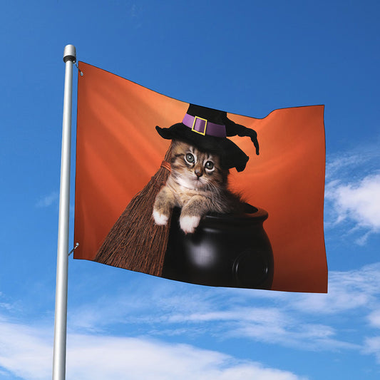 Halloween Cute Witch Cat Print Polyester Flag