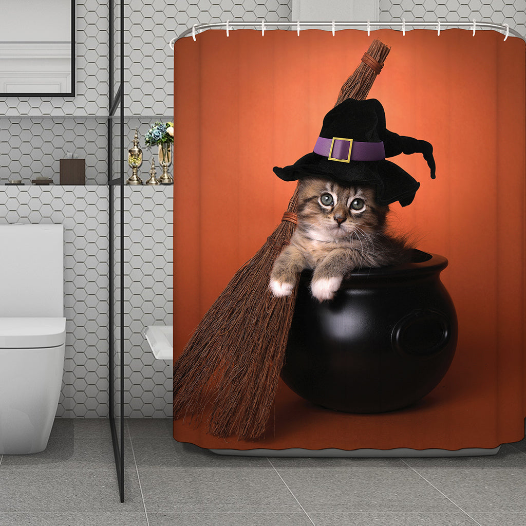 Halloween Cute Witch Cat Print Polyester Shower Curtain