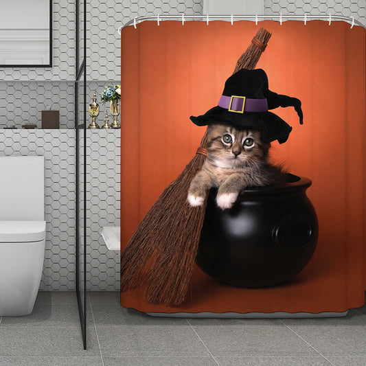 Halloween Cute Witch Cat Print Polyester Shower Curtain