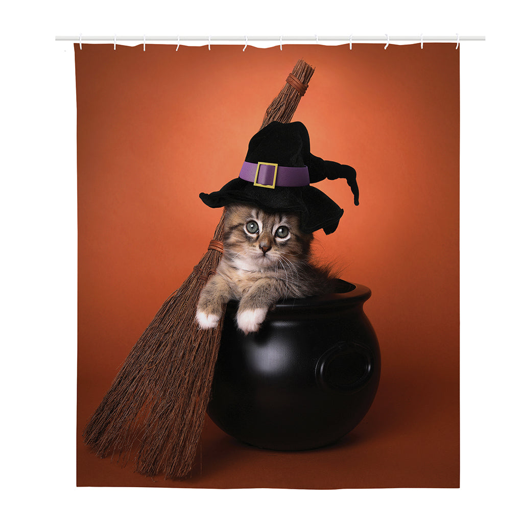 Halloween Cute Witch Cat Print Polyester Shower Curtain