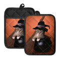 Halloween Cute Witch Cat Print Pot Holders With Pocket