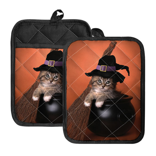 Halloween Cute Witch Cat Print Pot Holders With Pocket