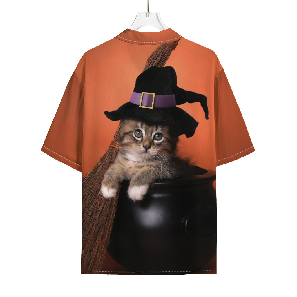 Halloween Cute Witch Cat Print Rayon Hawaiian Shirt