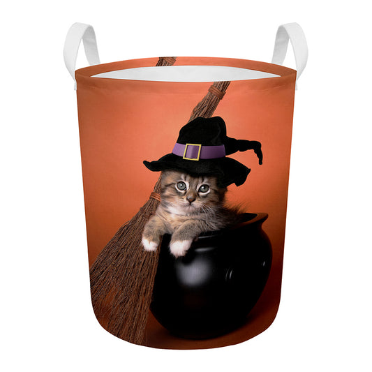Halloween Cute Witch Cat Print Round Laundry Basket
