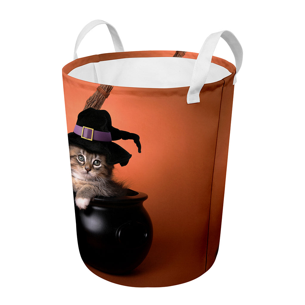 Halloween Cute Witch Cat Print Round Laundry Basket