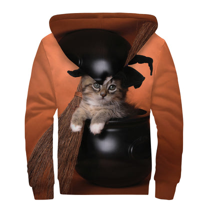Halloween Cute Witch Cat Print Sherpa Lined Zip Up Hoodie