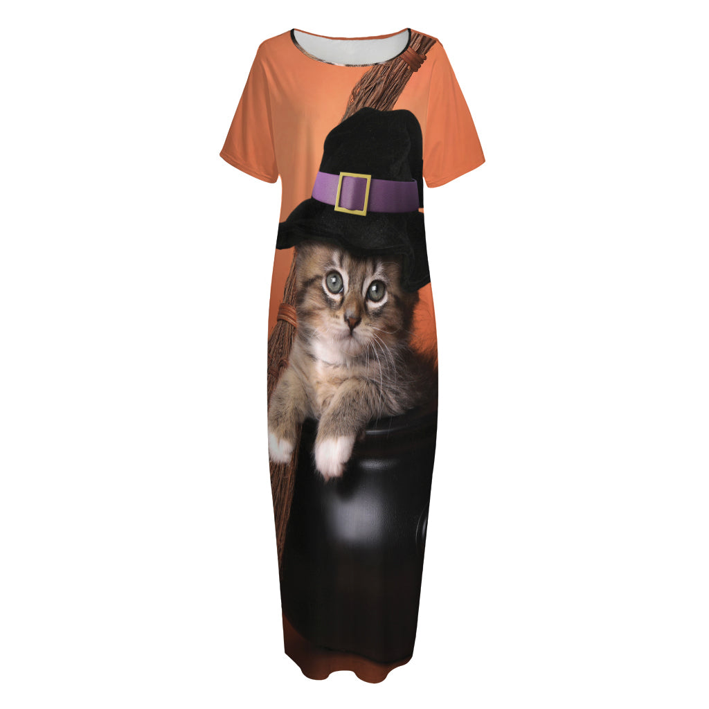 Halloween Cute Witch Cat Print Short Sleeve Long Nightdress