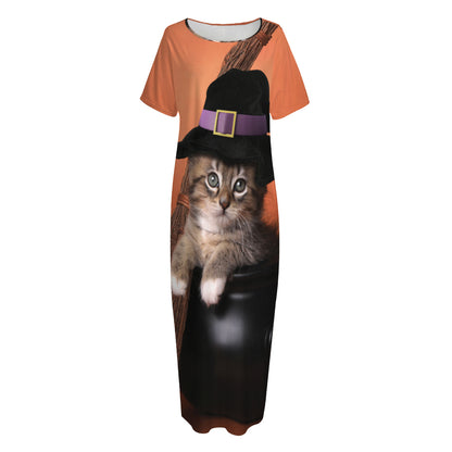 Halloween Cute Witch Cat Print Short Sleeve Long Nightdress