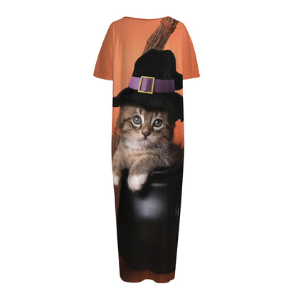 Halloween Cute Witch Cat Print Short Sleeve Long Nightdress