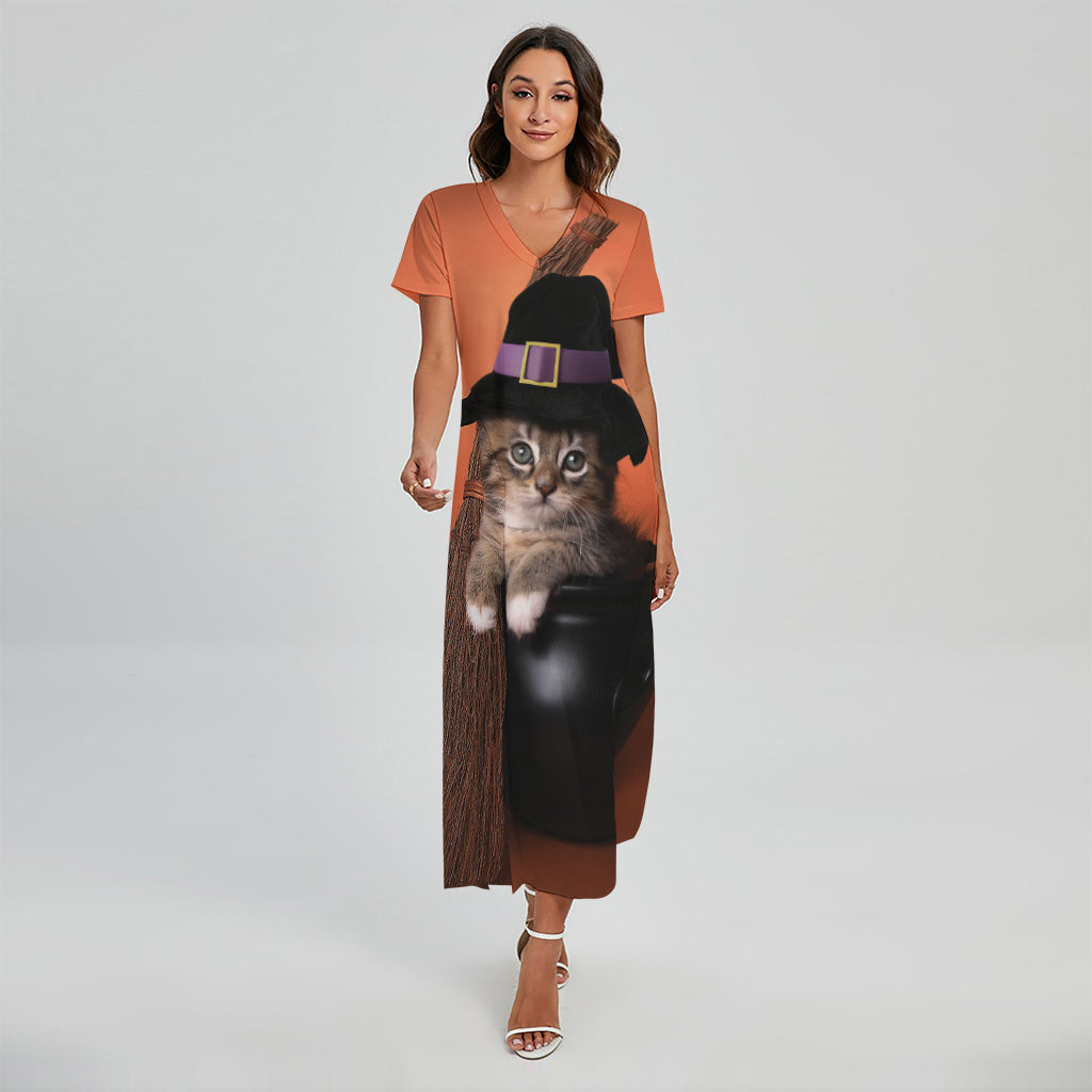 Halloween Cute Witch Cat Print Short Sleeve Maxi Dress