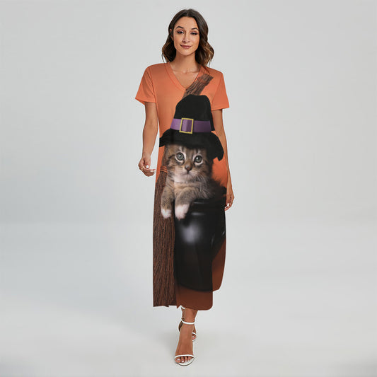 Halloween Cute Witch Cat Print Short Sleeve Maxi Dress