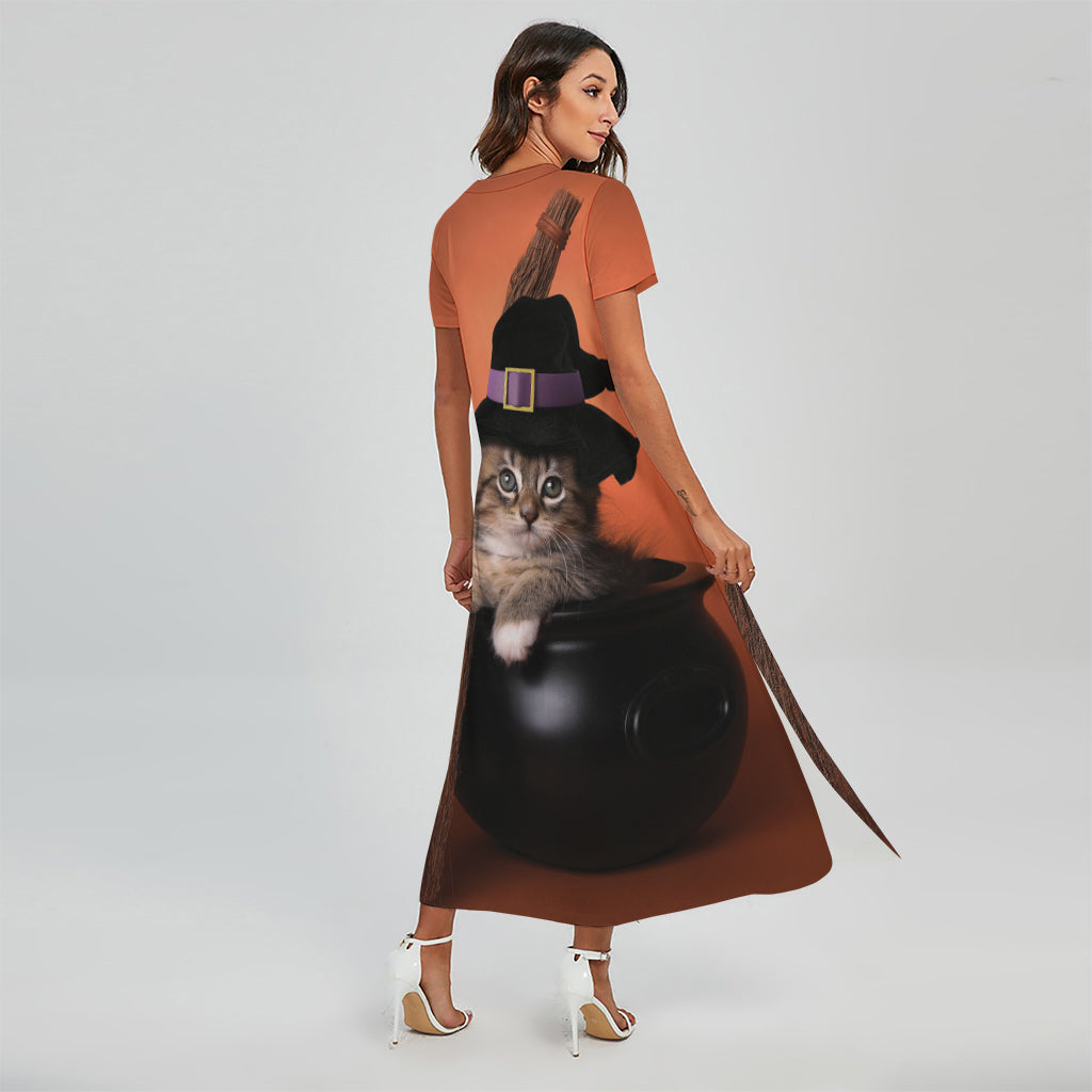 Halloween Cute Witch Cat Print Short Sleeve Maxi Dress